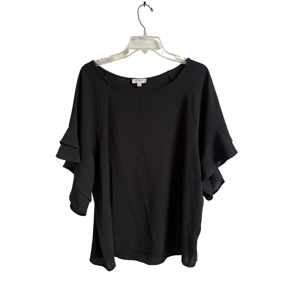 Umgee Black Ruffle Tiered Sleeve Blouse Scoop Neck Womens Large Boho Boutique